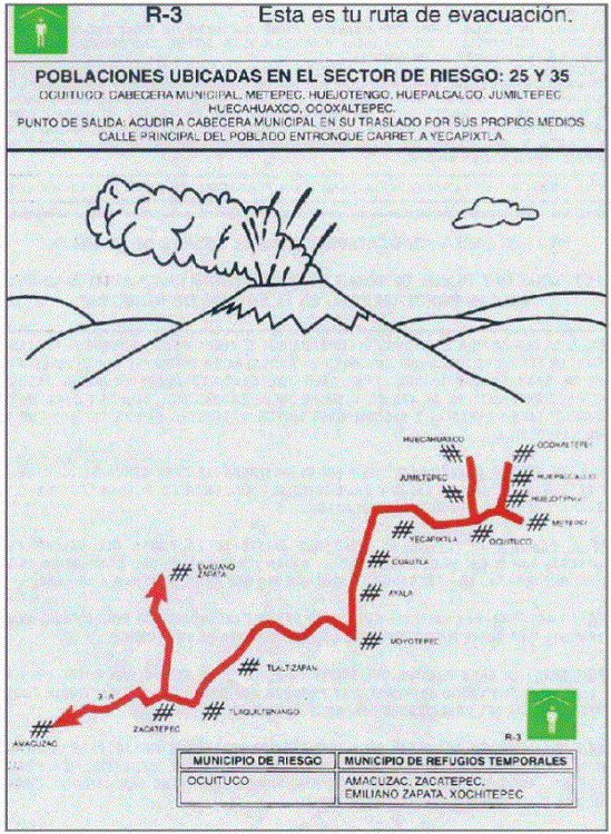 Evacuation route for San Francisco Ocoxaltepec with high risk in
								Morelos State, which has designated shelters at Amacuzac, Zacatepec,
								Emiliano Zapata and Xochitepec, Morelos.
