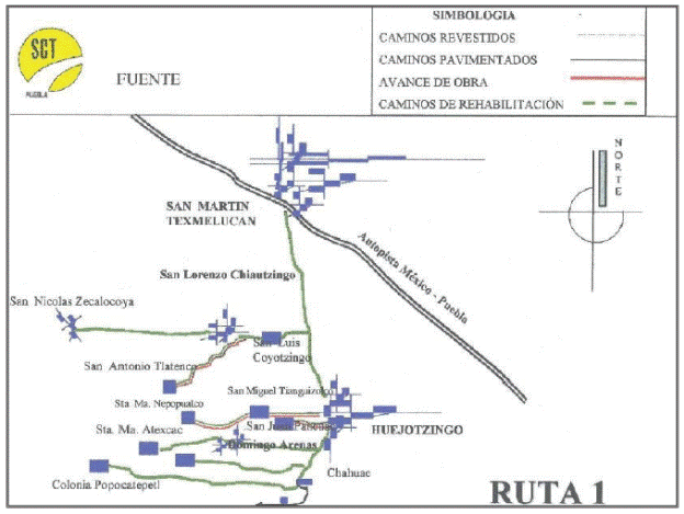 Evacuation routes for settlements with high risk in Puebla State,
								in which shelters are located at San Martin Texmelucan,
								Puebla.