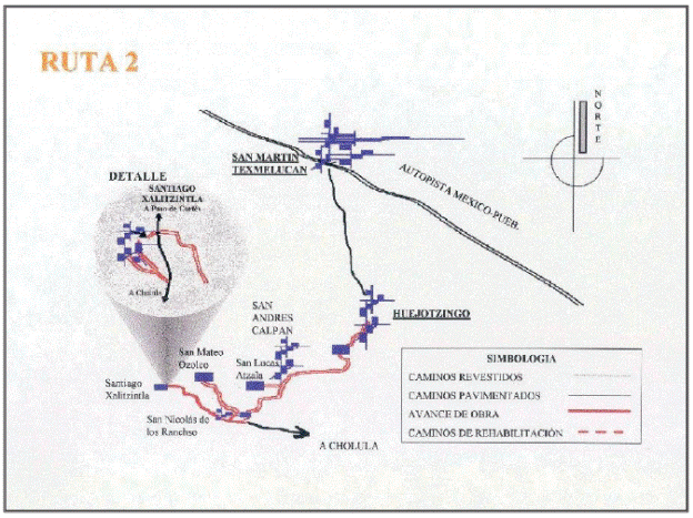 Evacuationroutes for Santiago Xalitzintla, San Nicol&aacute;s de los
								Ranchos and San Mateo Ozolco with high risk in Puebla State, in
								which shelters are located at San Pedro Cholula, Puebla.