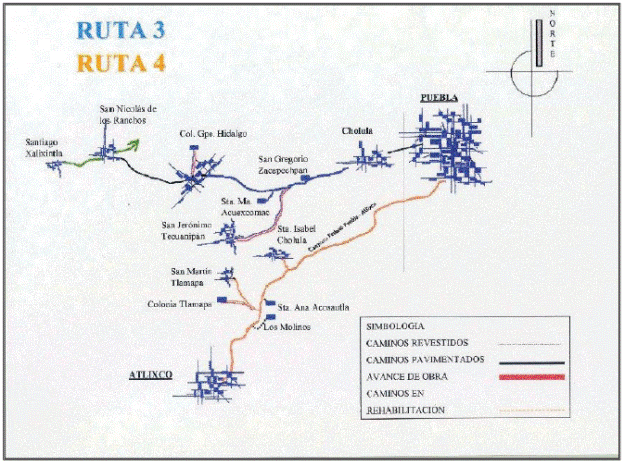 Evacuation routes for Santiago Xalitzintla and San Nicol&aacute;s de los
								Ranchos with high risk in Puebla State, in which shelters are
								located at San Pedro Cholula, Puebla. 