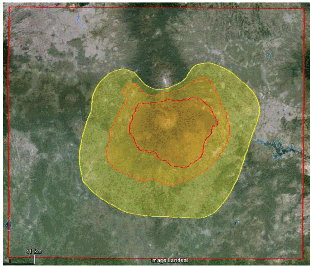 Quadrant delimited by points P1(190 27' N, 990 16' W; P2(190 27' N,
							980 05' W); P3(180 30' N, 990 16' W) and P4(180 30' N, 980 05' W)
							covering a sufficient area to include the hazard map of the Popocat&eacute;petl
							Volcano (Macias et al.,
								1995a, Arana et
									al., 2016).