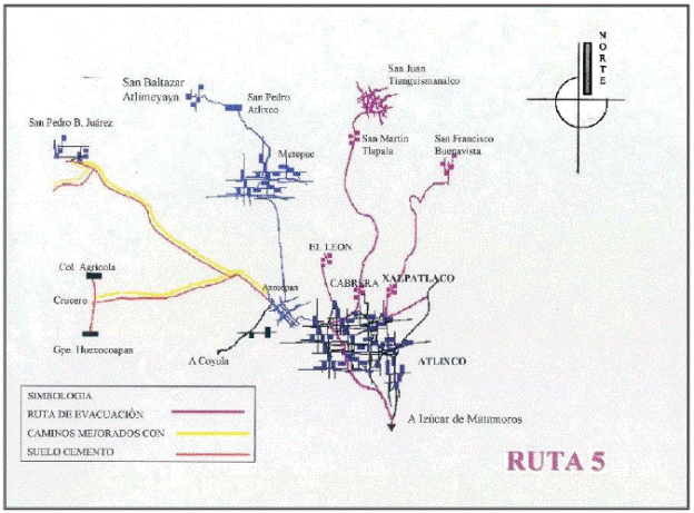 Evacuation routes for San Pedro Benito Ju&aacute;rez, Colonia Agricola
								and Guadalupe Hexocoapan with high risk in Puebla State, in which
								shelters are located at Iz&uacute;car de Matamoros, Puebla.