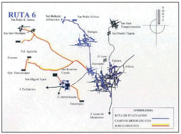 Evacuation routes for San Juan Ocotepec, Colonia Agricola and
								Guadalupe Hexocoapan with high risk in Puebla State, in which the
								shelter is located at Iz&uacute;car de Matamoros, Puebla.