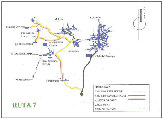 Evacuation routes for San Juan Ocotepec, Colonia Agricola and
								Guadalupe Hexocoapan with high risk in Puebla State, in which
								shelters are located at Iz&uacute;car de Matamoros, Puebla.
