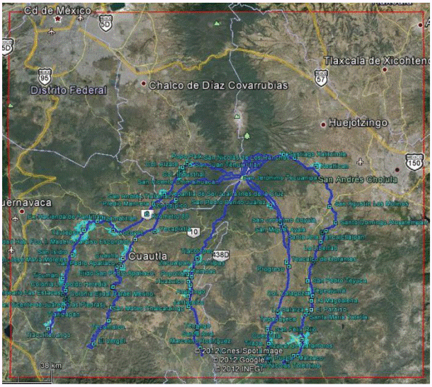 The most important drainages from the point of view of potential risk
							from lahars in M&eacute;xico, Morelos and Puebla States. All dataused in these
							maps were obtained in the field through direct visits to each town in
							the area. Each of the evacuation routes was tracked directly in the
							field to identify the optimum traffic control points.
