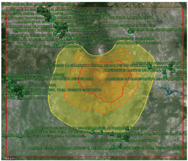 Locations of the temporary shelters of the States of M&eacute;xico, Morelos
							and Puebla, which are outside the risk area.