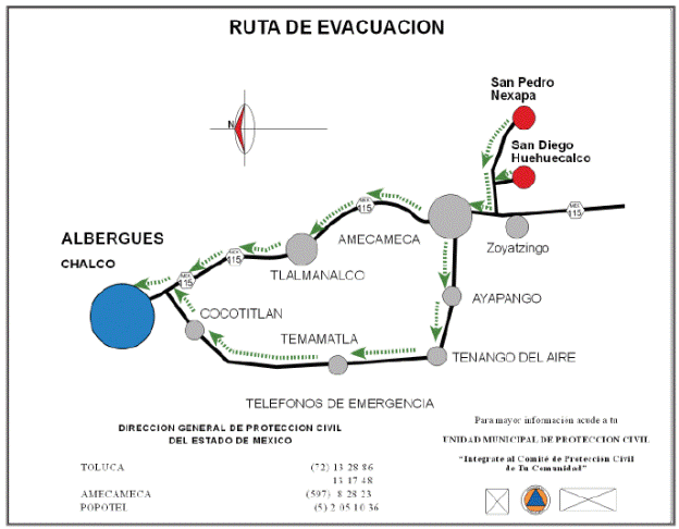 Evacuation routes for San Pedro Nexapa and San Diego Huehuecalco
								with high risk (red circles) in M&eacute;xico State, which have a
								designated shelter (blue Chalco, State of M&eacute;xico.
