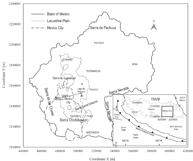 The location of Mexico City within the context of the Basin of
							Mexico. TMVB stands for Trans-Mexican Volcanic Belt.