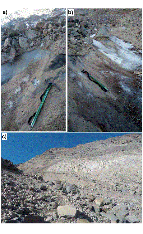 Protalus rampart on the northern slope. The photograph (a) shows the
							rich ice content by the recrystallization of the snow; in the background
							a part of the group of snow-debris channels can be seen. The exposed
							portion of massive ice shows a lobular shape that extends from the
							middle of the geoform to the upper part of it (photograph b). The
							photograph (c) was taken from an altitude of 4,700 masl; it exhibits the
							whole of the geoform that starts at 4.765 masl with an almost angular
							aspect close to the middle of its shape, product of the debris bearing
							above it that turn in the direction of the small valley downhill. In the
							background the summit of the &ldquo;El Espol&oacute;n de Oro&rdquo; can be
							observed.