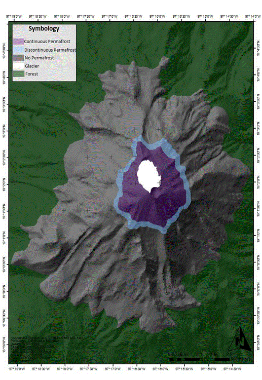 Map of distribution of permafrost in the Citlaltepetl volcano.
							Prepared by authors.