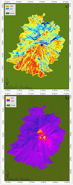 ISR (a) and albedo (b) maps. The highest albedo portion to the north
							of the crater belongs to the body of the glacier, while the rest are due
							to the reflectivity of the pumice deposits (Dobos, 2003, Ahrens, 2006). Prepared by
							authors.
