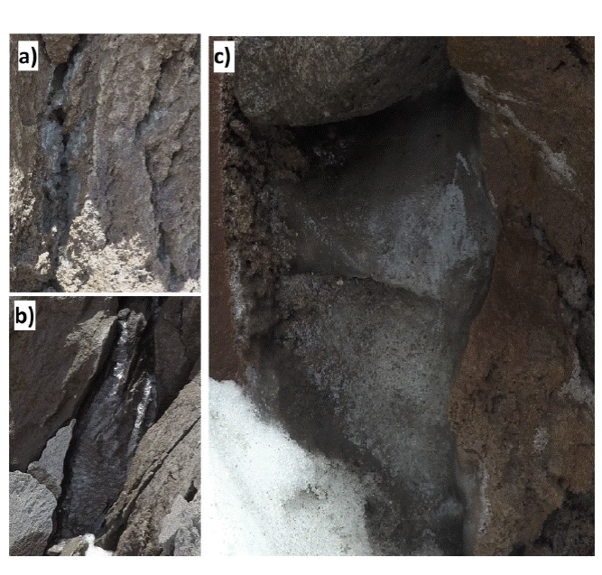 Interstitial and intrusive ice. The sequence of previous photographs
							was taken at mid-day on May 31, 2016. The photo (a) was taken at 4,780
							masl in the rocky portion known as &ldquo;Los laberintos&rdquo; and is visible
							through the cavities of the rock the lenticular ice agglomerations of 1
							to 2 cm in diameter. Photo (b) shows a larger portion of ice that has
							formed in the middle of the separation of blocks of dacite from the flow
							of &ldquo;Los laberintos&rdquo; at 4,730 masl; it can be noticed the diagonally
							shaped 60 x 20 cm expanded between the spaces of the rock. The
							photograph (c) was taken close to 4,800 masl; the external part of
							approximately 90 x 40 cm of a solid portion of ice that covers the
							entrance of a rock cavity is clearly visible.