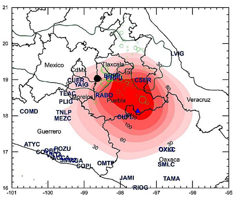 a) PGA contours during 1999 (Mw6.9) earthquake (top), and b) 2017
							(Mw7.1) earthquake (bottom) in cm/s2. Triangle: epicenter. Station code
							is given by letters and is plotted at its location. Black dot:
							Popocatepetl volcano. Green contour: Mexican Volcanic Belt. Large,
							medium and small green circles are towns in Puebla with population >
							100,000, 50,000 - 100,000 and 15,000 - 50,000, respectively