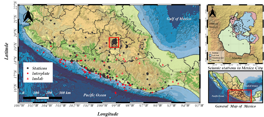 Location of events and recording stations employed.