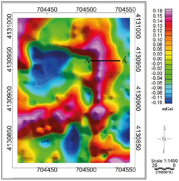 The residual gravity anomalies map of the study district. The profile AA' is specified in W-E direction.