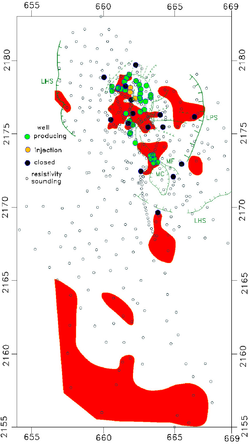Equivalent resistivity of the shallow resistive unit. Red zones enclose values less than 1,000 Om. The main faults are also depicted.