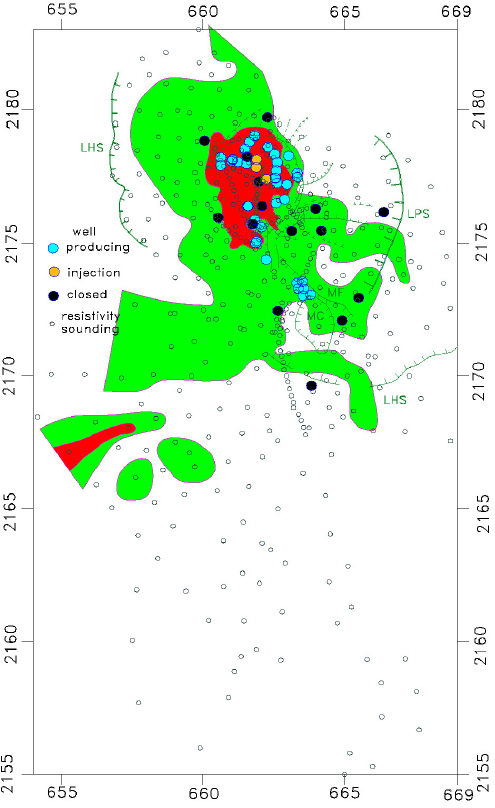 Depths to the top of the conductive unit. Red areas: depths less than 200 m; green areas: depths between 400 and 200 m. The locations of e main faults are also shown.