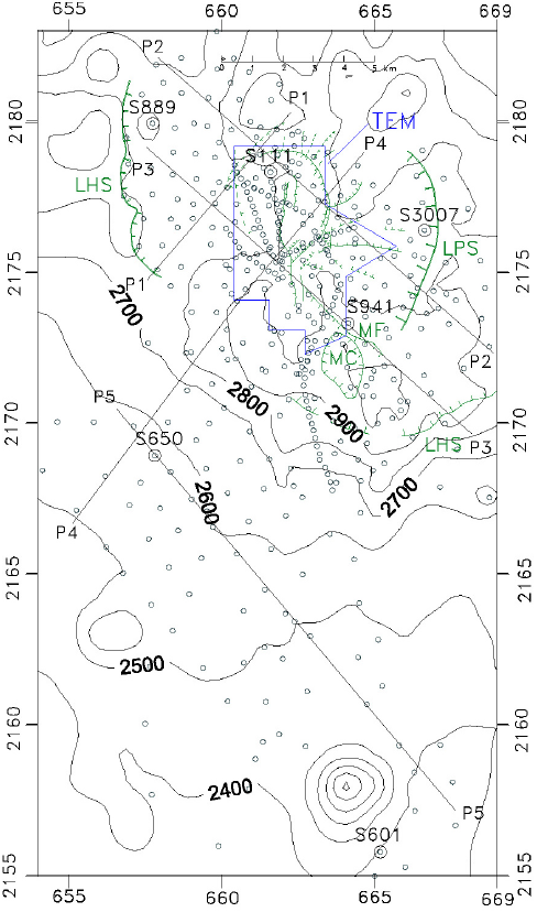 Map of the Los Humeros geothermal zone showing the position of the resistivity soundings (circles) and the transient electromagnetic soundings (area enclosed by the box named TEM). The location of the soundings appearing in Figure 4 and the sections of Figures 5, 8, and 9 are also indicated. Topographic contours every 100 meters. The main structural features are displayed: LHS Los Humeros Scarp, MF Maztaloya Fault, MC Maztaloya crater, and LPS Los Potreros Scarp.