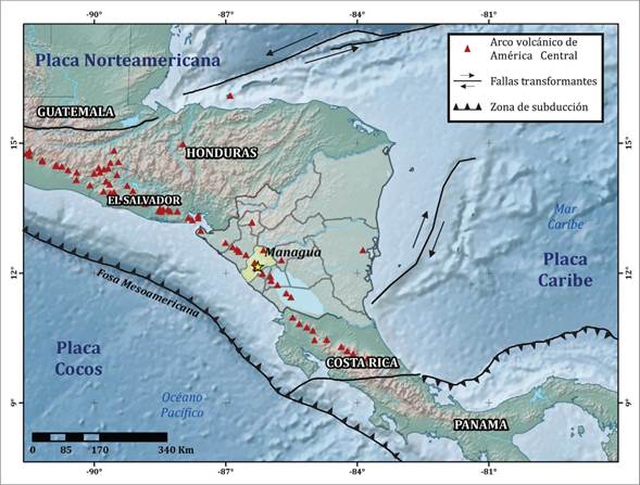  Tectónica regional de América Central (fuente: modificado de Frischbutter (2002) y Avellán (2009).  