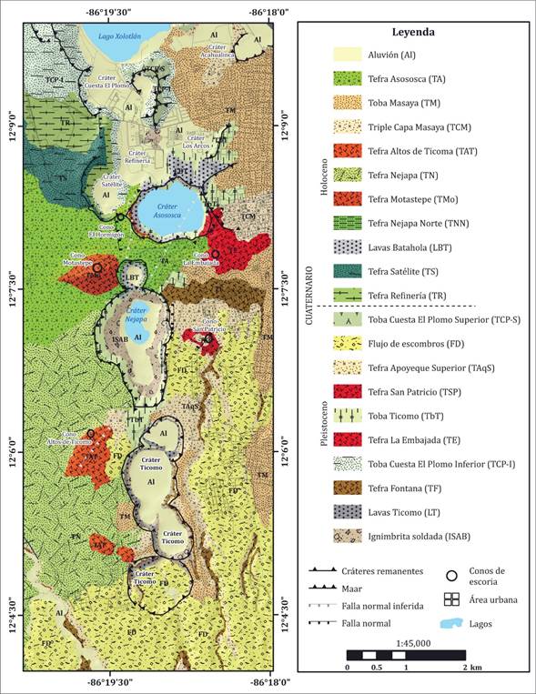  Mapa geológico de la porción central y sur del campo volcánico Nejapa y alrededores (Avellán, 2009).  