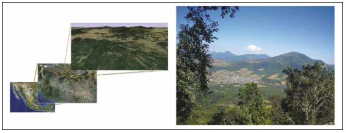 Esquema de localizaci&oacute;n de la comunidad de estudio,
Comachu&eacute;n, Michoac&aacute;n, M&eacute;xico. 

 

 