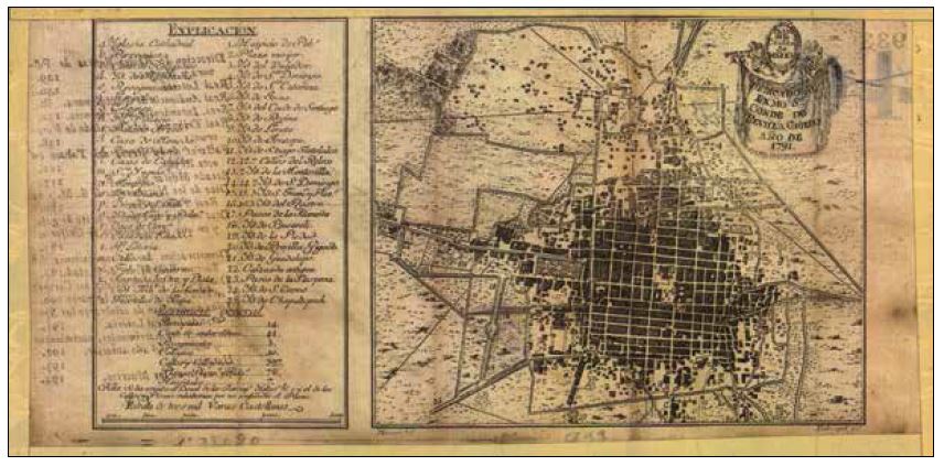 Mapa de la Ciudad de M&eacute;xico, de 1791, encartado en
la gu&iacute;a de forasteros de 1792 y 1793. 

 