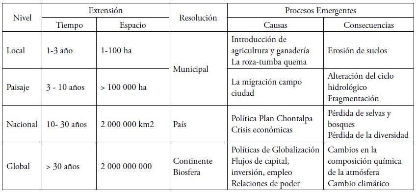 Ejemplo de las causas y consecuencias de la deforestaci&oacute;n y cambio se uso de suelo a diferentes escalas de espacio y tiempo 

 