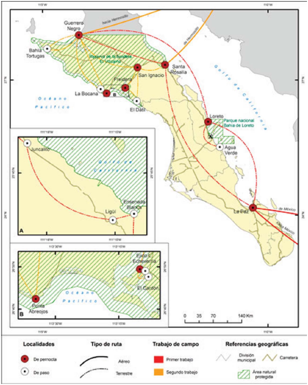Mapa de los
itinerarios realizados en el trabajo de campo por José-Manuel Crespo-Guerrero
en el estado de Baja California Sur, México