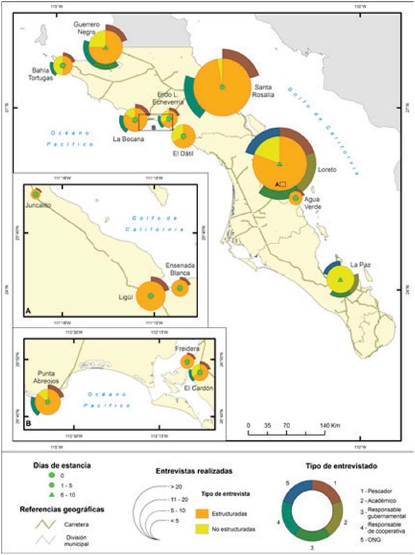 Mapa de las
entrevistas realizadas en el trabajo de campo por José-Manuel Crespo-Guerrero
en el estado de Baja California Sur, México