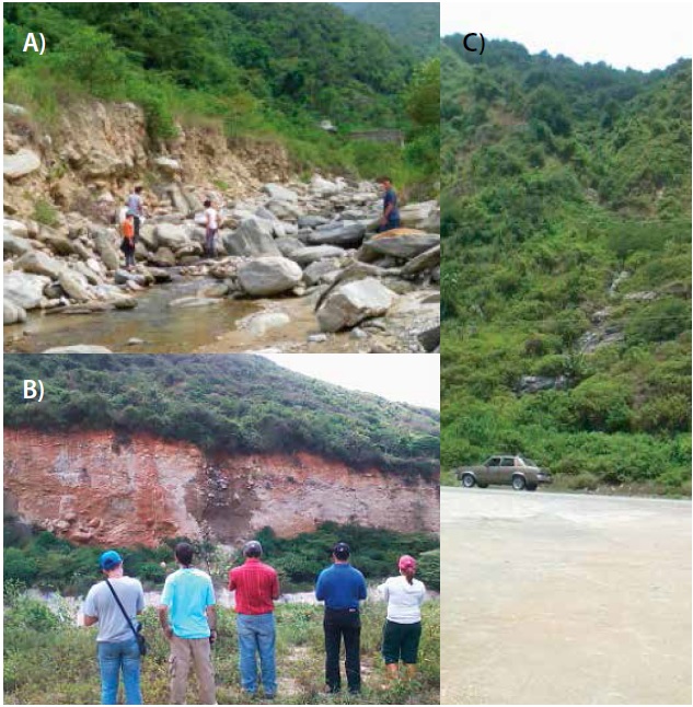 Algunos rasgos geomorfol�gicos: A) dep�sitos de abanico
aluvial disectados (abanico de la quebrada Camur� Chiquito), 

B) aluviones colgados (valle de la quebrada San
Juli�n), y C) valles colgados (Carmen de Uria), que
evidencian el control tect�nico sobre el relieve.