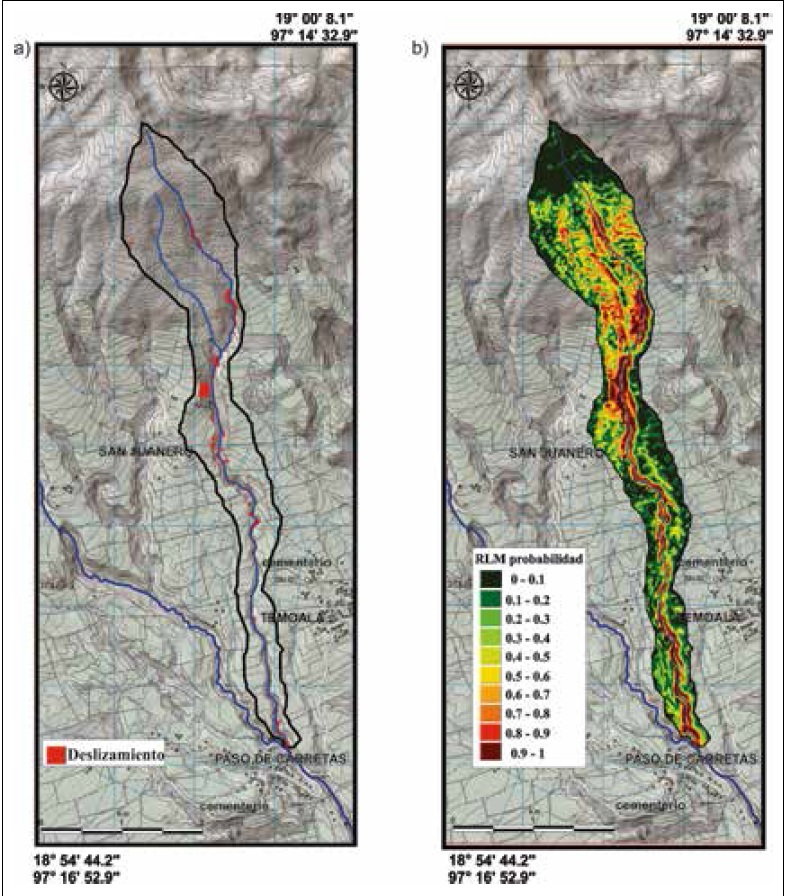 a) Mapa de inventario de deslizamientos, b) MLR modelo de susceptibilidad con diez esquemas de clasificaci�n.