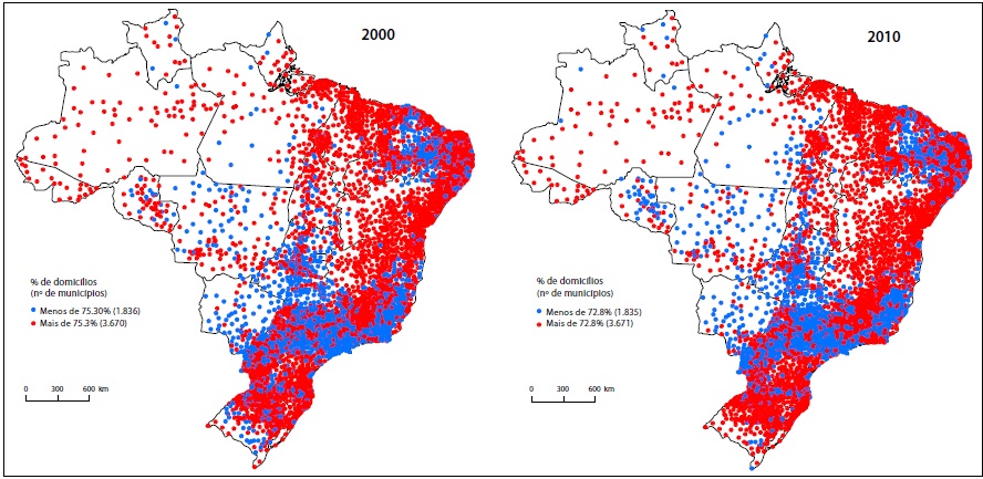 Propor��o de domic�lios &ldquo;pr�prios&rdquo; em rela��o � m�dia nacional dos munic�pios
brasileiros em 2000 e 2010. Fonte: IBGE, Censo Demogr�fico de 2000 e 2010
(dados da amostra).