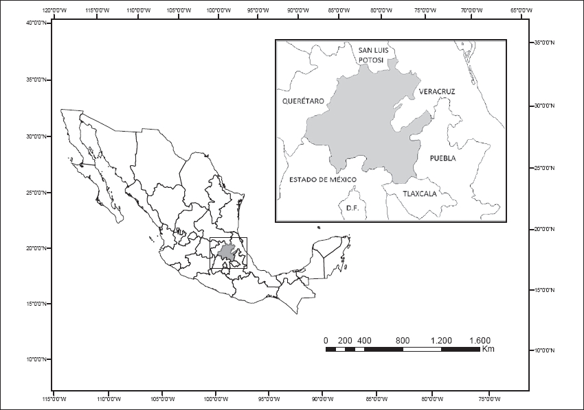 Localización del estado de Hidalgo (en gris) en la República Mexicana.