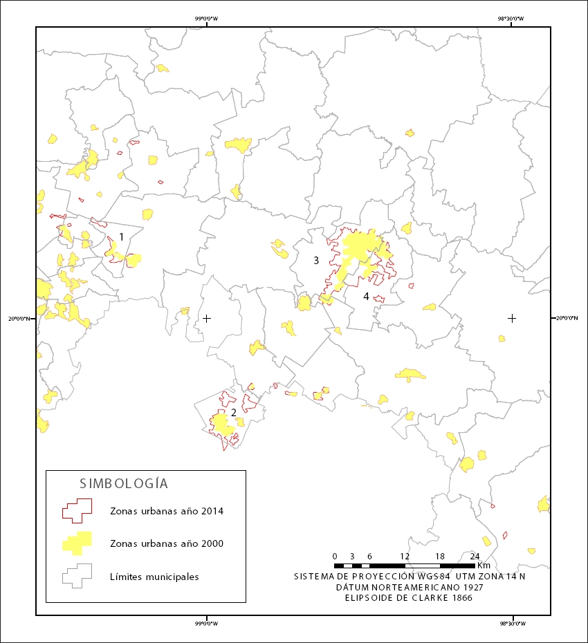Vista ampliada de los cuatro municipios con mayor tasa de crecimiento urbano en Hidalgo (1: Tetepango, 2: Tizayuca, 3 y 4: Zona conurbada de Pachuca-Mineral de la Reforma).