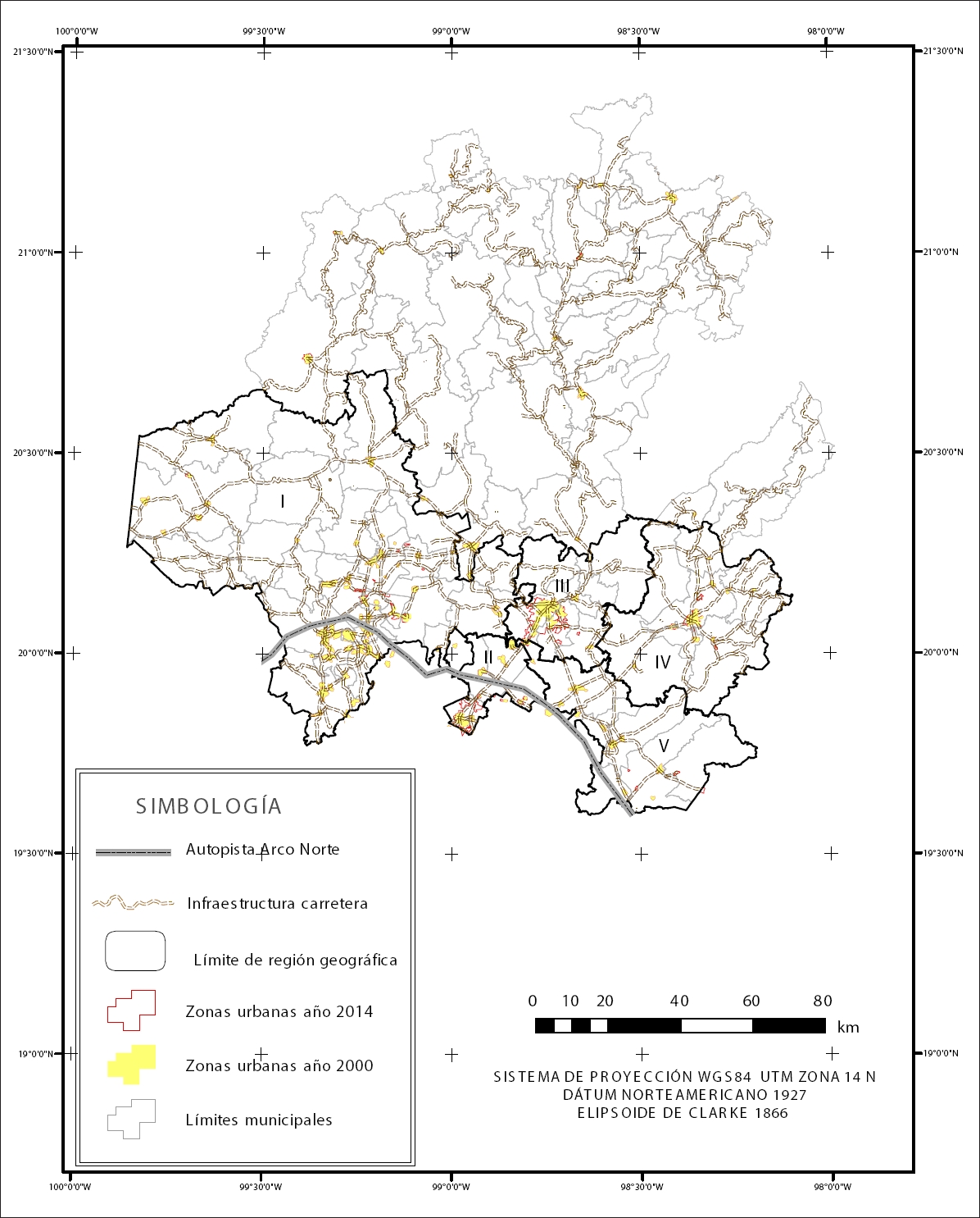Ubicación de los municipios con mayor expansión urbana e influencia carretera. 1: Tezontepec de Aldama, 2: Mixquiahuala de Juárez, 3: Tlahuelilpan, 4: Francisco I. Madero, 5: Tetepango, 6: Tizayuca, 7: Tolcayuca, 8: Villa de Tezontepec, 9: Pachuca de Soto, 10: Mineral de la Reforma, 11: Epazoyucan, 12: Tulancingo, 13: Cuautepec de Hinojosa, 14: Apan.
