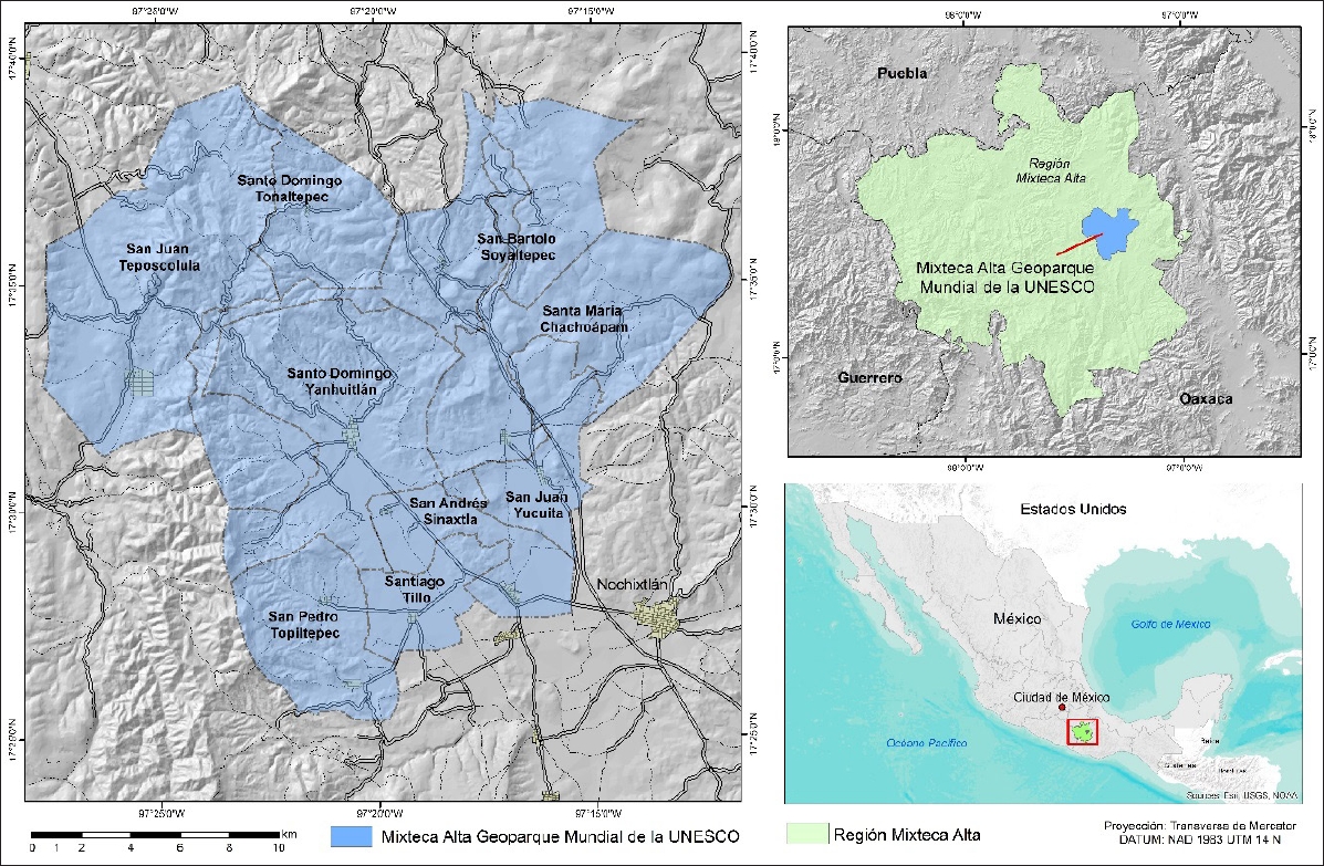 Ubicación y territorio del Geoparque Mundial de la UNESCO Mixteca Alta. 