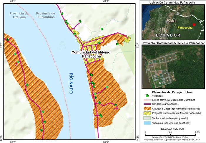 Mapa de ubicación del área de estudio y de los principales elementos del paisaje kichwa.