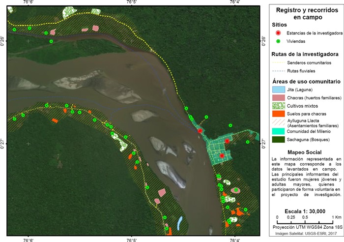 Mapa de los principales sitios y rutas de investigación en el paisaje comunitario de Pañacocha.