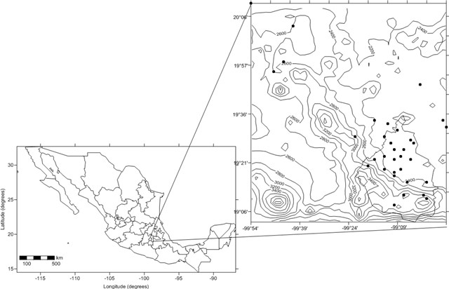 Location of Mexico City and stations studied, orography contour range is one hundred meters.