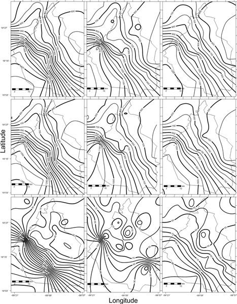 Mean precipitation (mm): rows are annual average (top), May-October (wet season; middle), and November-April (dry season; bottom); columns correspond to neutral years (left), El Niño (center), and La Niña years (right).