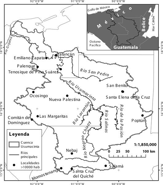 Cuenca transfronteriza del río Usumacinta conformada por Guatemala (57.9 %), México (42 %) y a Belice (0.1 %).