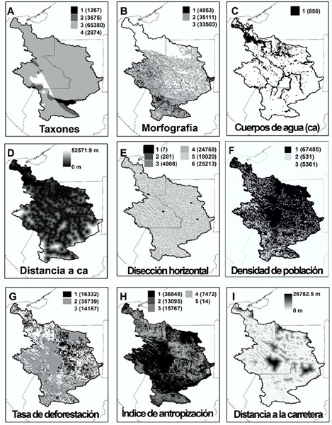 Factores estandarizados en función de su aptitud de conservación. Tiene mayor aptitud la clase número 1 (color negro), y disminuye conforme aumenta el valor de la clase (color blanco). Entre paréntesis área (km2) de las clases. CA = Cuerpos de agua.