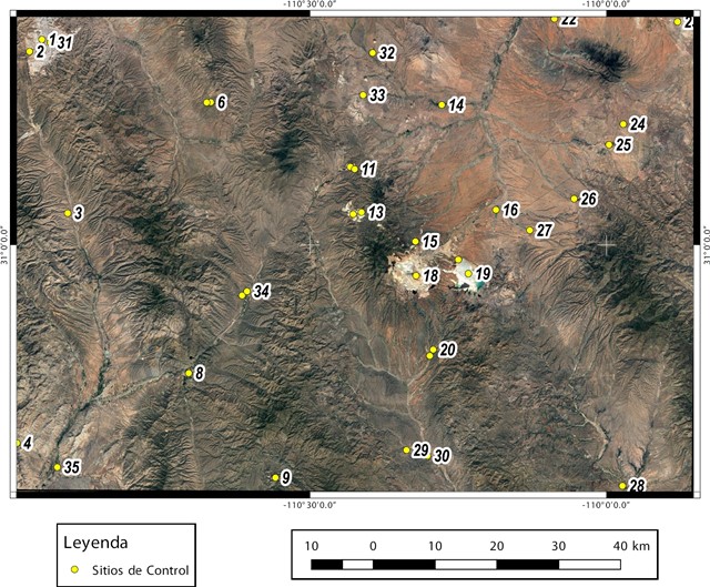 Localización de los 35 sitios de control para la evaluación del Índice J.