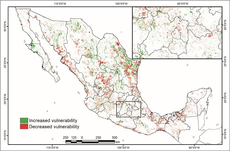 Changes in the index of vulnerability to intense rainfall between 1970 and 2010.