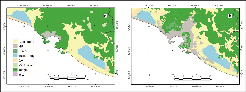 Land-cover change around in the Papagayo basin and Acapulco Bay in a) 1970, and b) 2000. HS (human settlement), OV (other type of vegetation) and WVA (without apparent vegetation) (INEGI, 1970 and 2010).