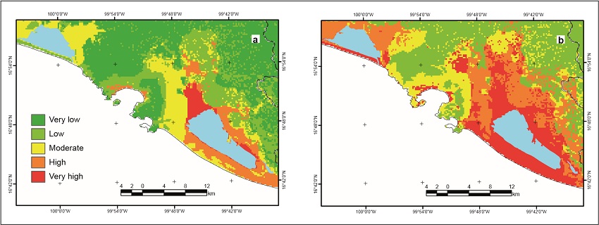 Flood risk in the area surrounding Acapulco, Guerrerofor: a) 1970 and b) 2010.