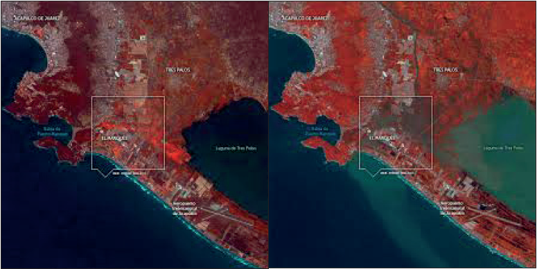 Satellite image a) for a period prior to 15 September 2013, and b) a few days after the flood event of September of 15 September 2013