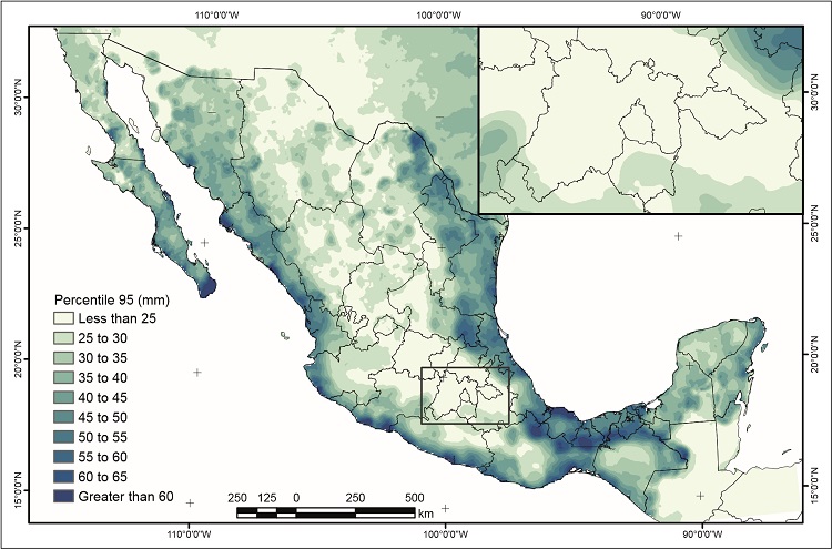 Distribution of P95 (mm/day) in Mexico for 1980-2009.