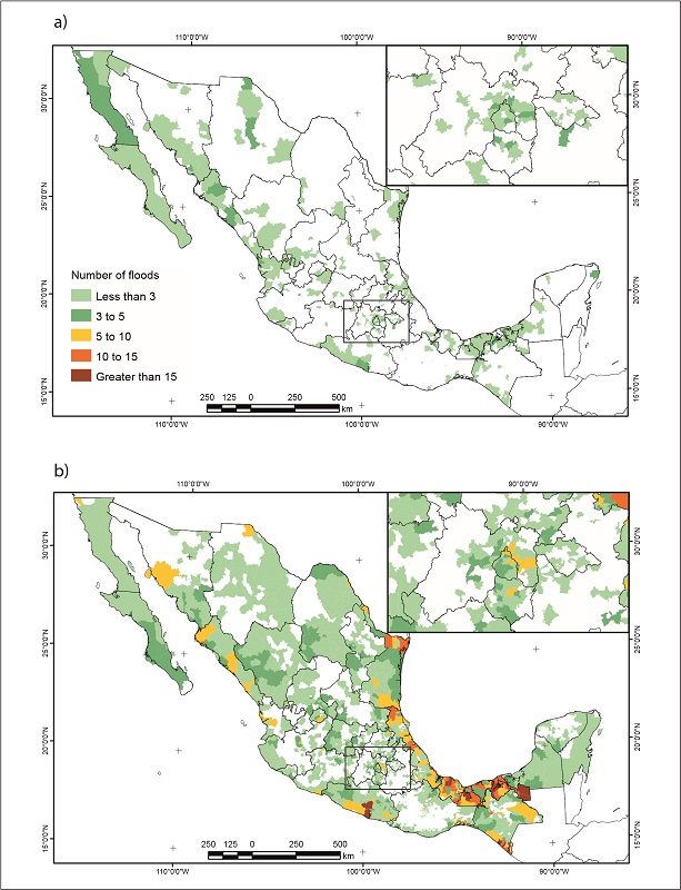 Number of floods reported by Desinventar for the 1980-2010 period: a) 1980-1990, b) 2000-2010.