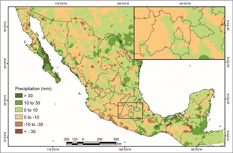 Change in the magnitude of P95 between 1980-1990 and 2000-2010.